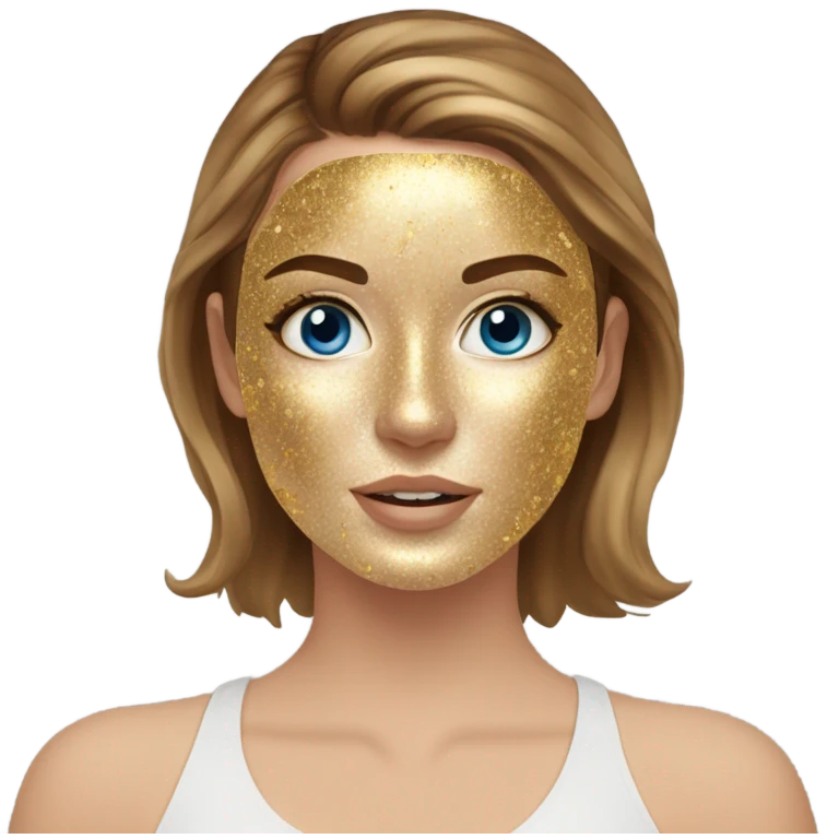 White girl with freackles and Brown hair, and blue eyes using Gold gel mask under her eyes emoji