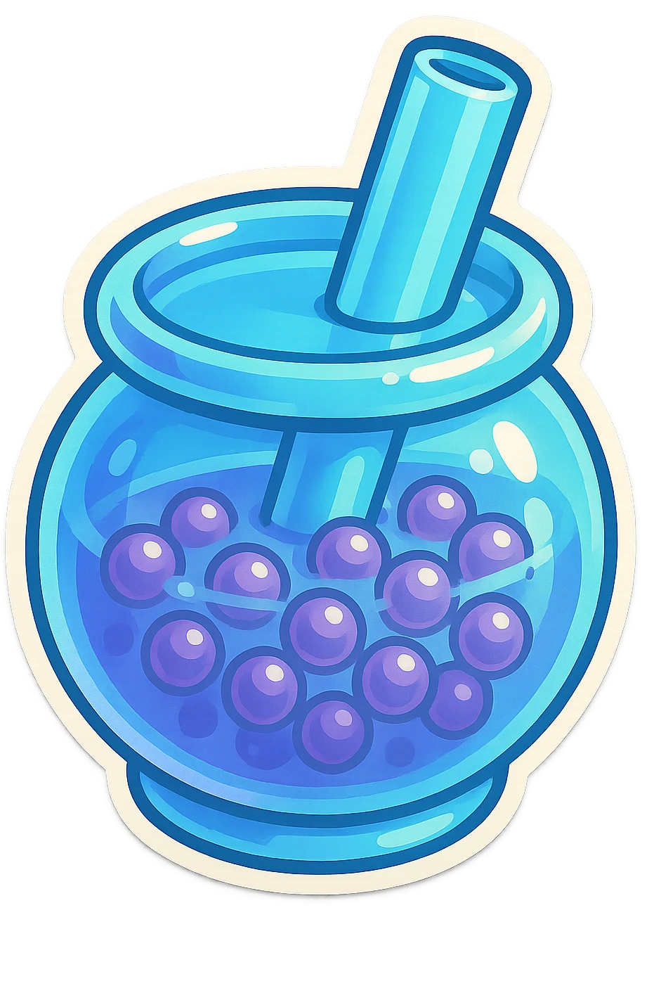 cute rounded pastel blue bubble tea cup with straw, very round and soft, lots of semi-transparent tapioca pearls with expressive shadows and highlights, playful dimensional charming retro sticker style emoji