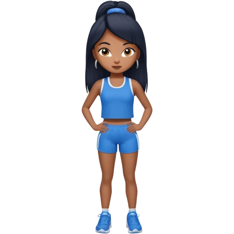 a pretty bratz tan girl who is skinny, hair color is black. wearing blue gym clothes.  emoji