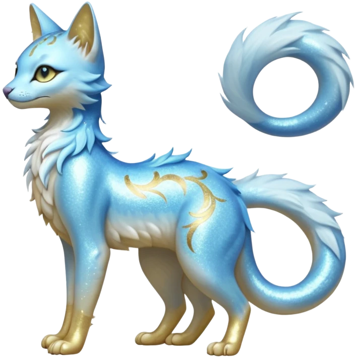 Pastel realistic divine glowing gold-glittery and light pastel blue glimmering glooming shiny glossy glittery holy cute elegant beautiful fantasy fae-feline-vernid-sergal-fursona animal creature with a tufted tail full body with intricate markings  emoji