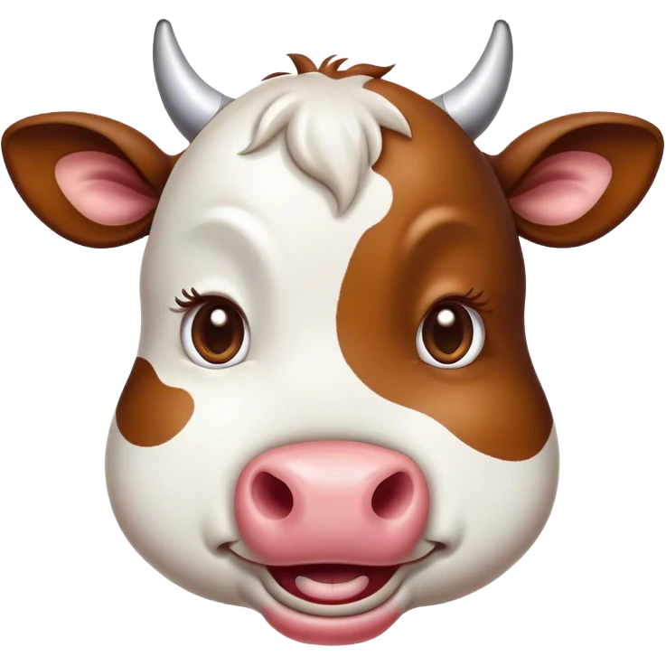 Cinematic Comical Brown and White Cow Portrait Emoji, Head tilted dramatically with an exaggeratedly amused expression, featuring a striking, glossy hide with a dynamic mix of brown and white, wide, expressive brown eyes filled with playful disbelief, Simplified yet hilariously expressive features, highly detailed, glowing with a slightly sassy glow, high shine, dramatic yet playful, stylized with an air of cheeky mischief, bright and endearing, soft glowing outline, capturing the essence of a spirited and over-the-top cow, so meme-worthy it feels like it could moo its way into internet fame instantly! emoji