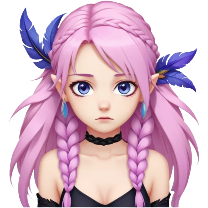 Gorgeous anime lady long-pale-pastel-pink-hair with one braid on each side, grumpy expression, purple-pink feather-ear-cuffs in hair, black bodysuit, blue eyes, pink iris, ethereal, fashion aesthetic  emoji