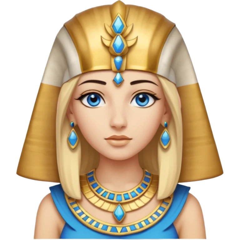 crea l'emoji di Cleopatra ma con i capelli biondi e gli occhi azzurri vestita da faraone con i gioielli egiziani e il cappello da faraone emoji