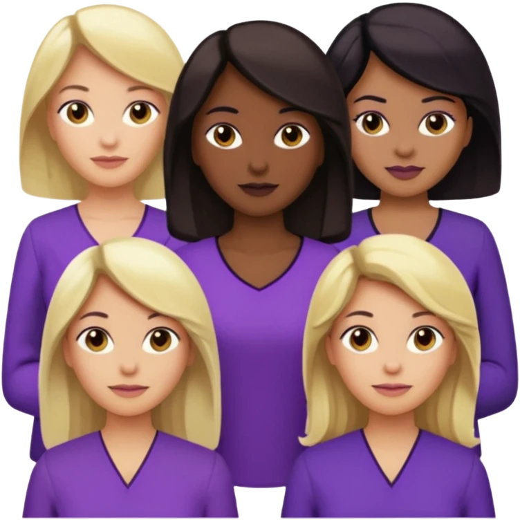 Group of reproductive age women 25-50 of all races with light, medium, dark and very dark skin tones. Blond, brown, black hair color with various purple blouses and shirtys. 10 per image emoji