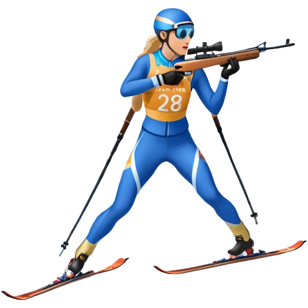 An icon showing a biathlete skiing on a snow-covered Olympic track with a rifle on their back. Cheering fans fill the stands. Majestic mountains, snowy trees, and a bright blue sky complete the scenic winter landscape. Transparent background captures the spirit of biathlon. emoji