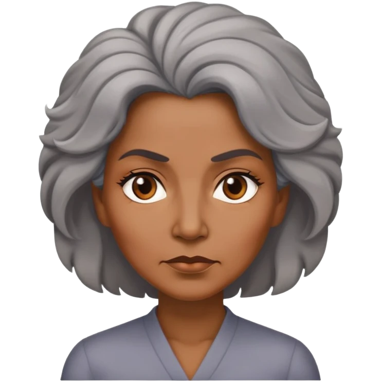 "- Nữ
- 50 tuổi
- Da nâu
- Tóc bồng bềnh, tóc bạc
- Mặt nghiêm túc
" emoji