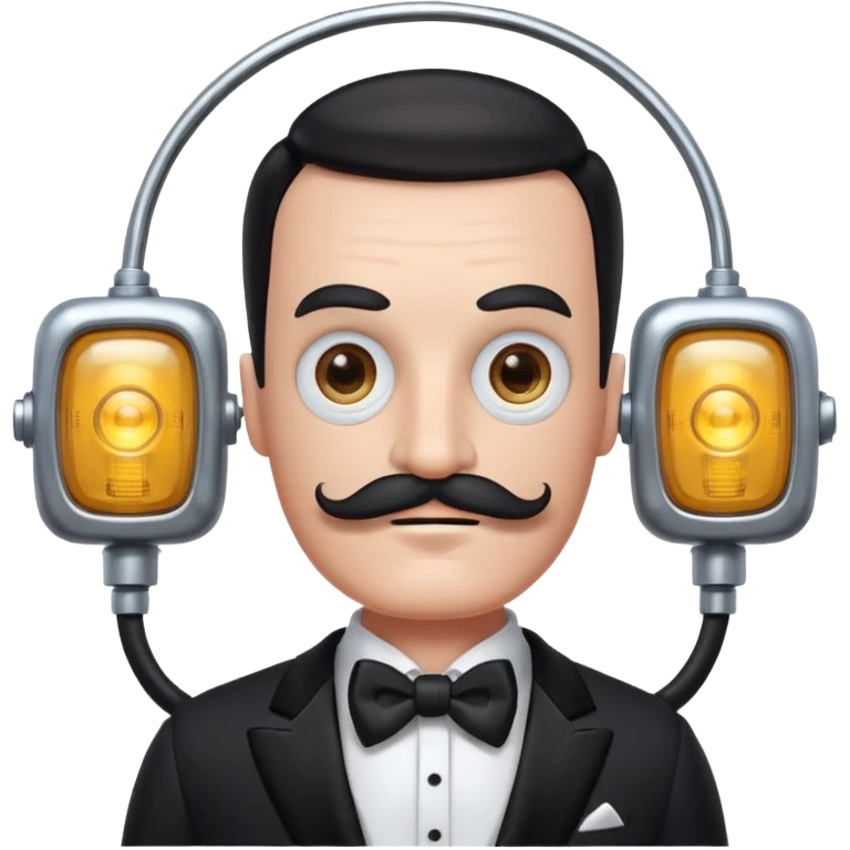 Robot guy with a square head, thick handlebar moustache, headlight eyes, wearing a tuxedo, buff emoji