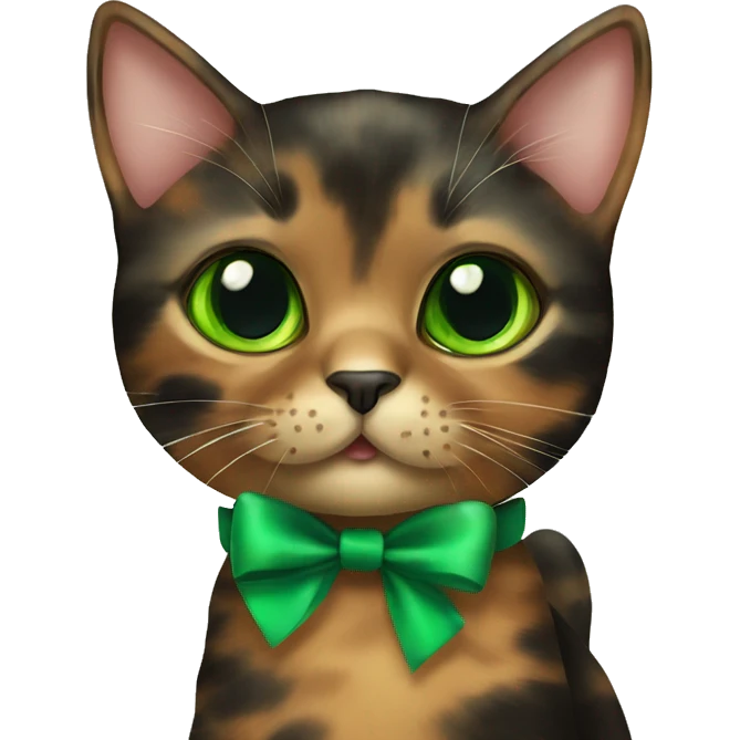 Cute tortoiseshell cat with green eyes wearing a bow collar emoji