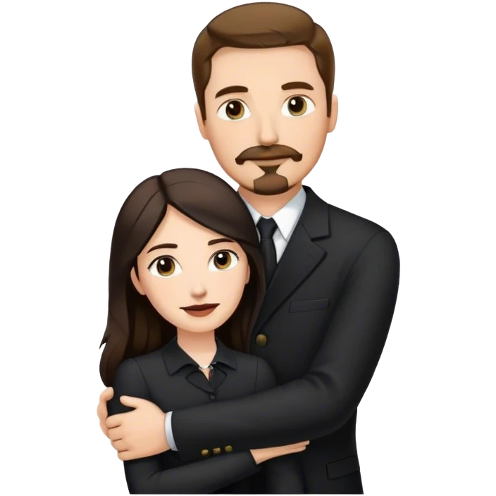 couple portrait, tall white man with brown hair goatee mustache embracing a pale woman with long black hair, wearing formal clothing emoji
