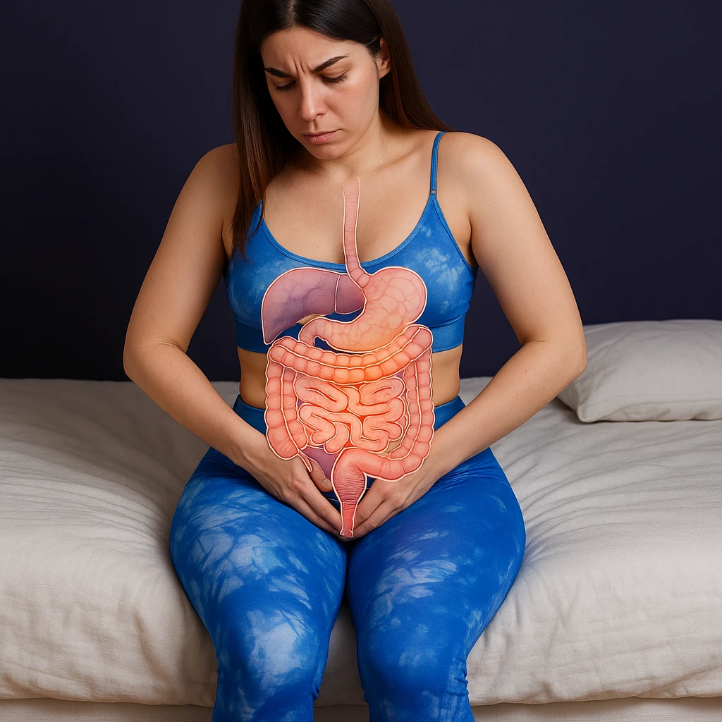 A slender woman in 4K sitting on the edge of the bed, hands pressing on the lower abdomen, with a transparent overlay anatomical illustration of the intestine and pelvic floor, highlighting problematic areas, inspired by the reference photo. emoji