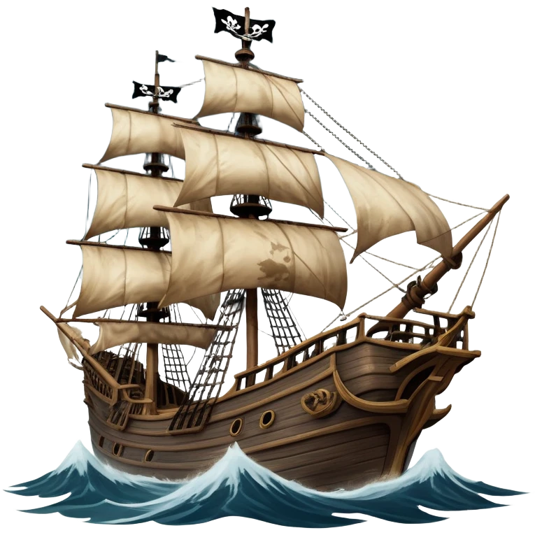 An icon representing an adventure game, inspired by high-seas exploration. The design features a fearless pirate gripping the wheel of a grand sailing ship, its tattered Jolly Roger flag billowing as it cuts through stormy waters. The scene evokes danger, treasure, and the thrill of the open sea. Transparent background. emoji