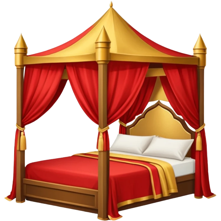 bed with red and gold sheets, wooden, canopy, simple, castle like emoji