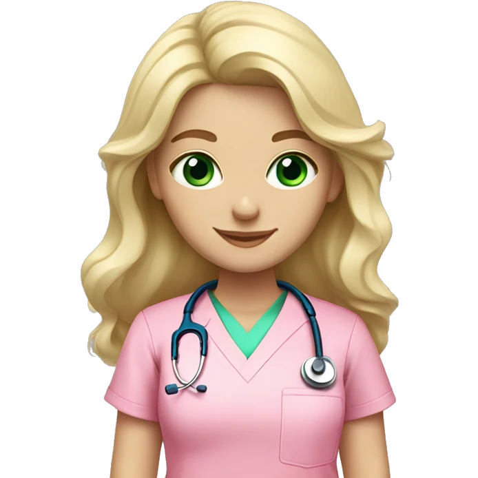 pale blonde girl with long wavy hair and green eyes wearing pink scrubs and stethoscope  emoji