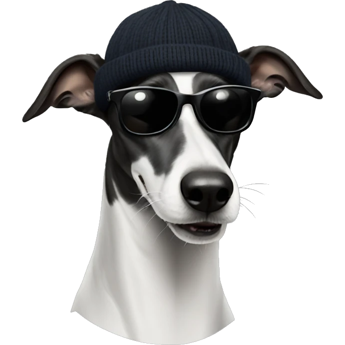 A black and white greyhound wearing cap and sunglasses and a black turtleneck sweater  emoji