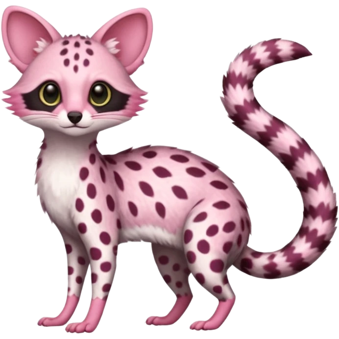 Pink-spotted genet-Trico-Vernid-Cacomistl-Fakémon-hybrid-fusion-creature (full body) emoji