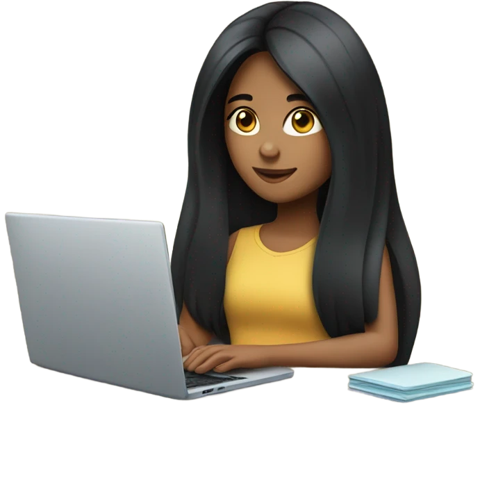 a girl with long black hair working at a laptop computer emoji