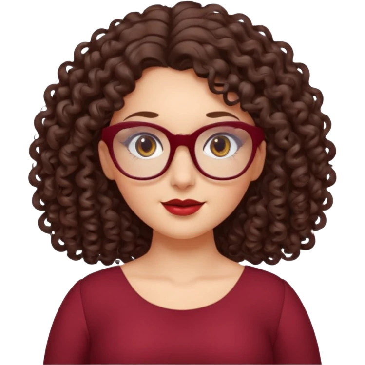 brunette , curly long hair , gray eyes , dark red glasses , curvy emoji