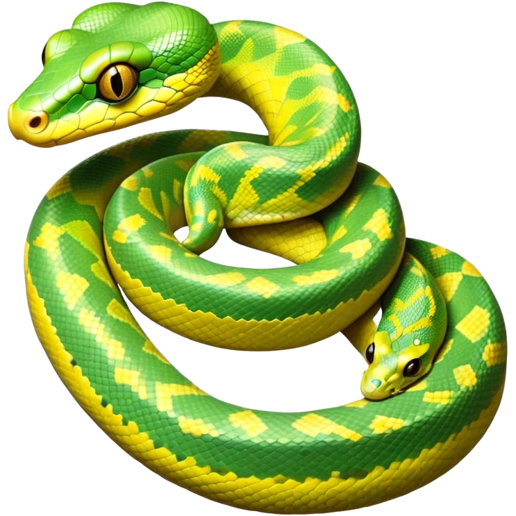 cinematic-green tree python-realistic-full-body-coiled-emoji,-thick-scaled-body-looped-tightly,-intricate-yellow and white-patterned-scales-reflecting-light,-head-tilted-dramatically,-cute-eyes-staring-calmly,-simplified-yet-realistic-focused-feature emoji