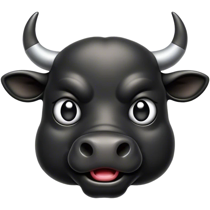 Cinematic Comical Black Bull Portrait Emoji, Head tilted dramatically with an exaggeratedly amused expression, featuring a striking, glossy black hide with a bold natural sheen, wide, expressive dark eyes filled with playful disbelief, Simplified yet hilariously expressive features, highly detailed, glowing with a slightly sassy glow, high shine, dramatic yet playful, stylized with an air of cheeky mischief, bright and endearing, soft glowing outline, capturing the essence of a spirited and over-the-top bull, so meme-worthy it feels like it could charge its way into internet fame instantly! emoji