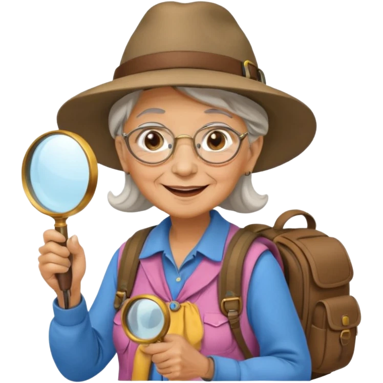 Explorer old woman with hat and magnifying glass and backpack, portrait emoji