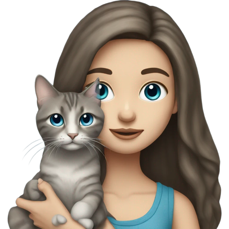 long haired brunette blue eyed girl holding a grey tabby cat emoji