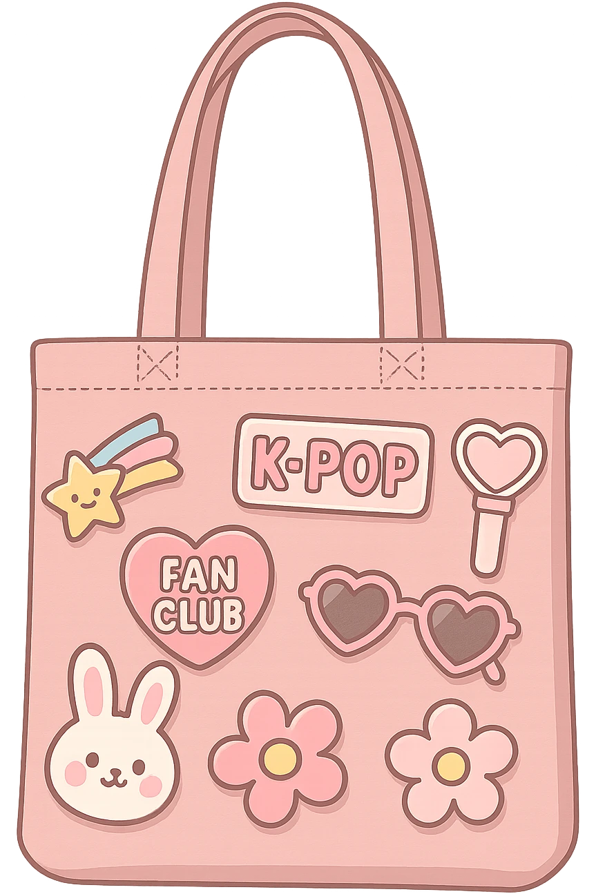 pink kpop fan club tote bag with cute and trendy pins emoji