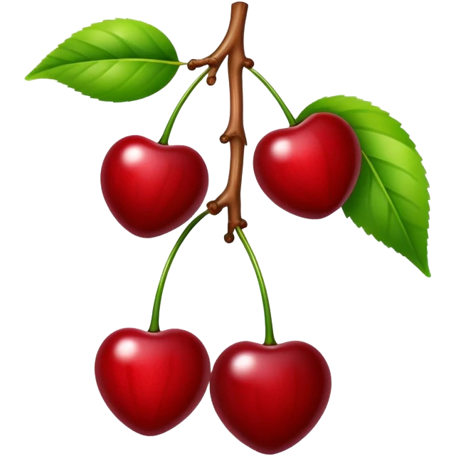 Two glossy red cherries hanging from a wooden branch with green leaves emoji