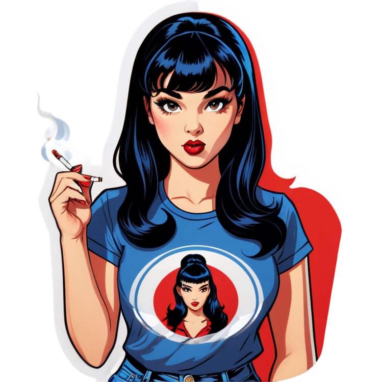 Sexy young pinup woman lighting up a cigarette she has long dark blue black hair with front bangs and she’s wearing a red t shirt, pop art emoji