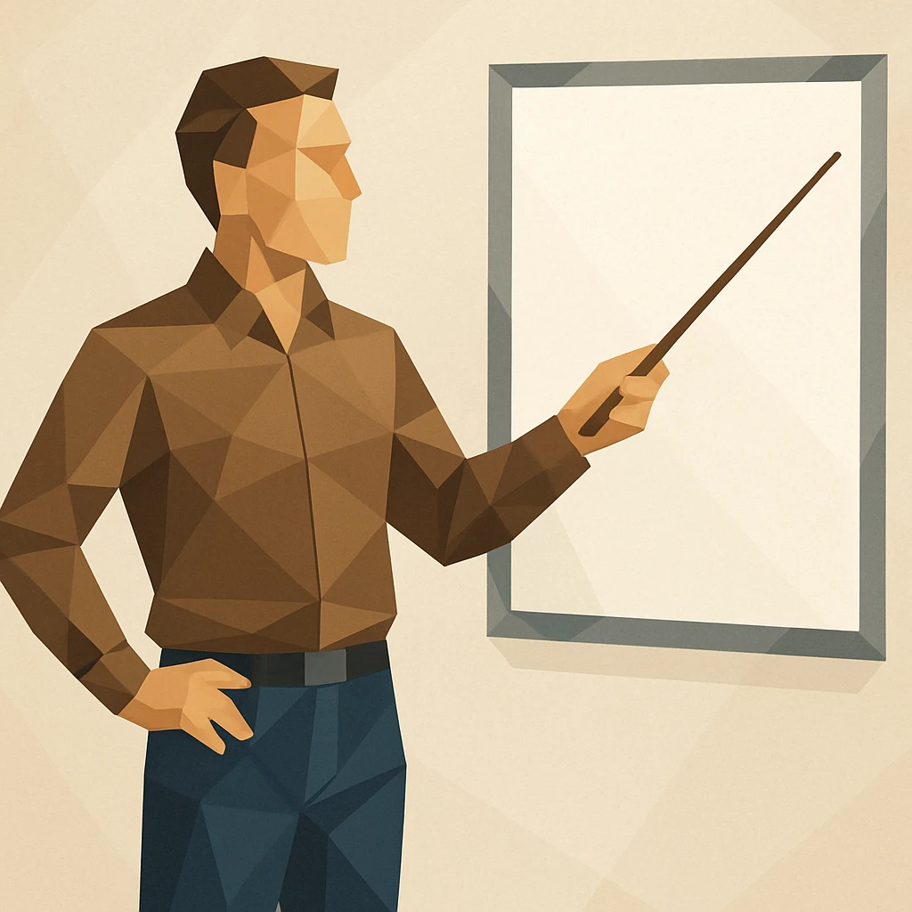 man pointing with a stick at the white board in polygonal style emoji