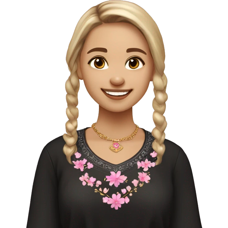Slavic girl, light skin, brown eyes, black-to-blonde ombre straight tail, smiling with teeth, wearing beautiful dark blouse with a folk pattern of small pink flowers and gold necklace. emoji