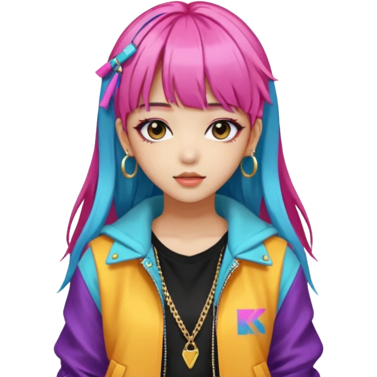 Portrait of a young female K-pop idol, wearing a stylish streetwear outfit with layered clothing and bold accessories, colorful dyed hair with bangs, confident expression, soft lighting, front-facing, energetic and glamorous vibe emoji