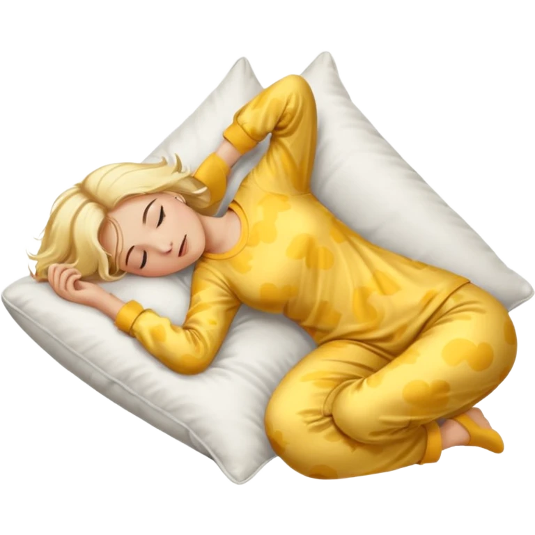 woman with blond hair in yellow pajamas, sleeping on her back on a white pillow, classic iOS emoji style emoji