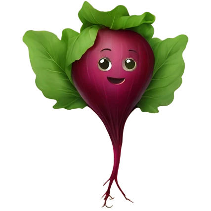 miling beetroot with big expressive eyes, rosy cheeks, and a green leaf on top. Simple and bright design with a cheerful and cartoonish style. emoji