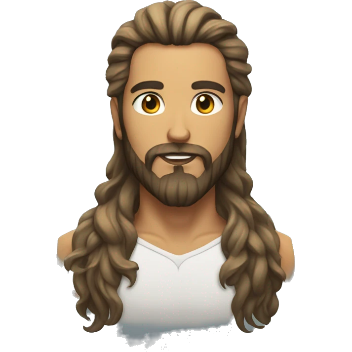 man with beard, long hair, tan skin, trident tattoo on the neck emoji