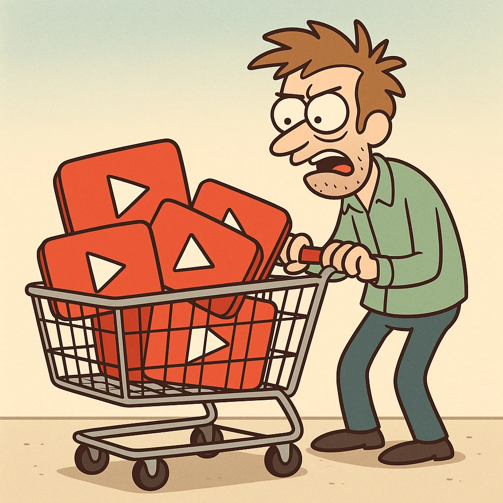 shopping cart with video player icons inside, flat toon style emoji