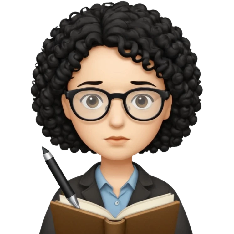 writer holding pen in hand and closed book in other hand, with black curly hair and wearing glasses emoji