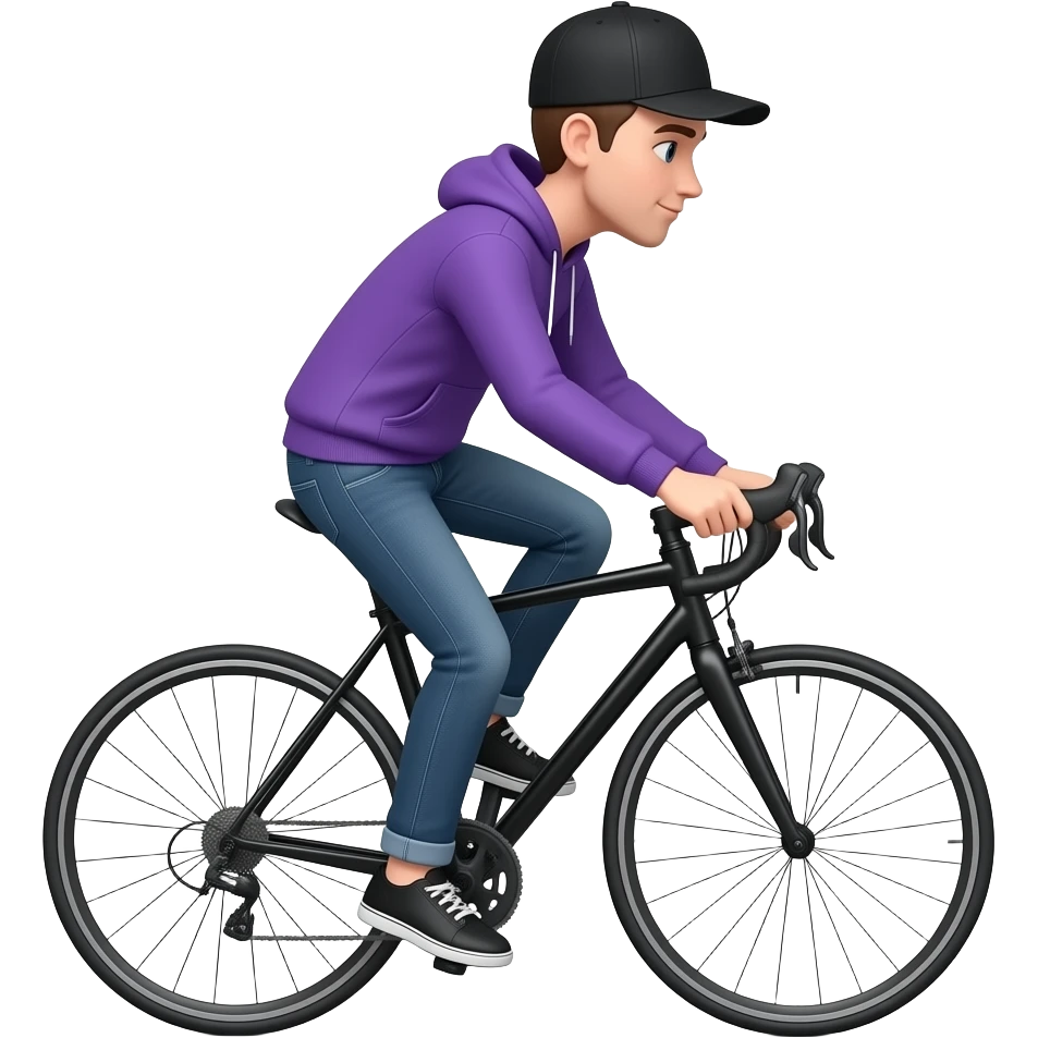 tall skinny guy with black basecap and purple hoodie and jeans rides a black bycicle in white background. emoji