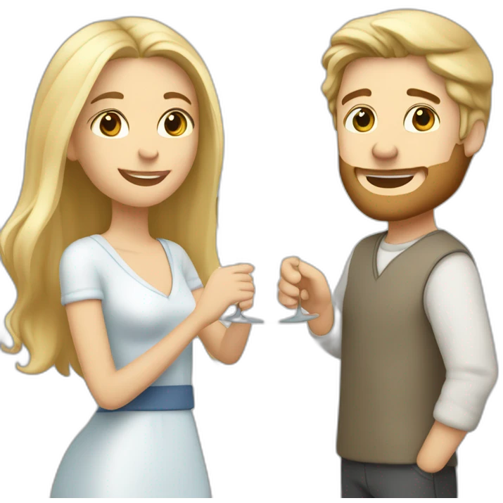 A white female with brown eyes and blond medium long hair and a white male with blue eyes and grey hair, they toast to each other with a glass of white wine. emoji