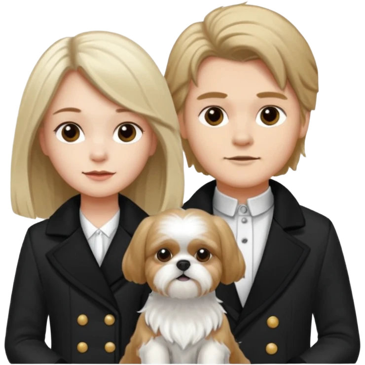 A couple boy with nice hair  and beautiful girl with long dark blond hair and with two shih tzu dogs with  black and white coat emoji