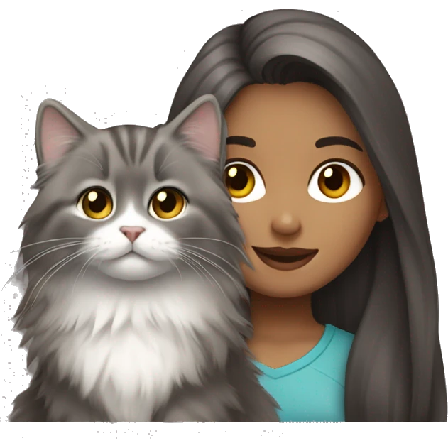 Dark brown straight hair girl with holding fluffy Siberian gray cat  emoji