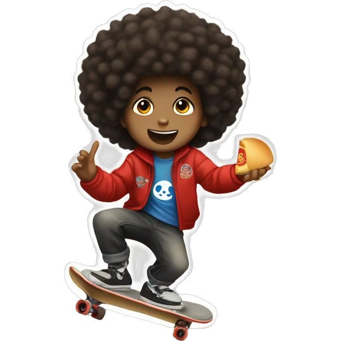 boy with afro at the mall skateboarding and eating Panda Express emoji