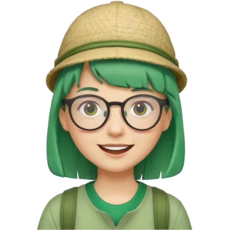 bangs, cute tourist hat, green hair very happy and glassess emoji