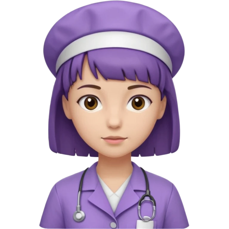 A young female slim nurse with short Brown hair with fringe over her forehead, wearing larvendar purple working cloth, show her hair style without any head wear emoji