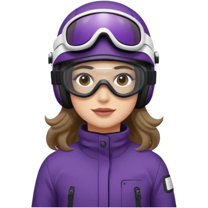 Sitting on snowmobile goggles and helmet not covering my face brown eyes long wavy hair white skin dark purple change snowmobile color to dark purple and white not yellow Snowmobile helmet and goggles, not on my face pants black no glasses on my face emoji