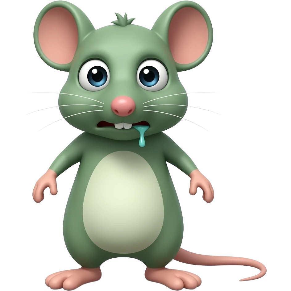 A little green mouse standing upright, with arms and legs that look like those of a little person, staring at us with loathsome face on its face. He's going to throw up .The mouse’s body is entirely green. emoji