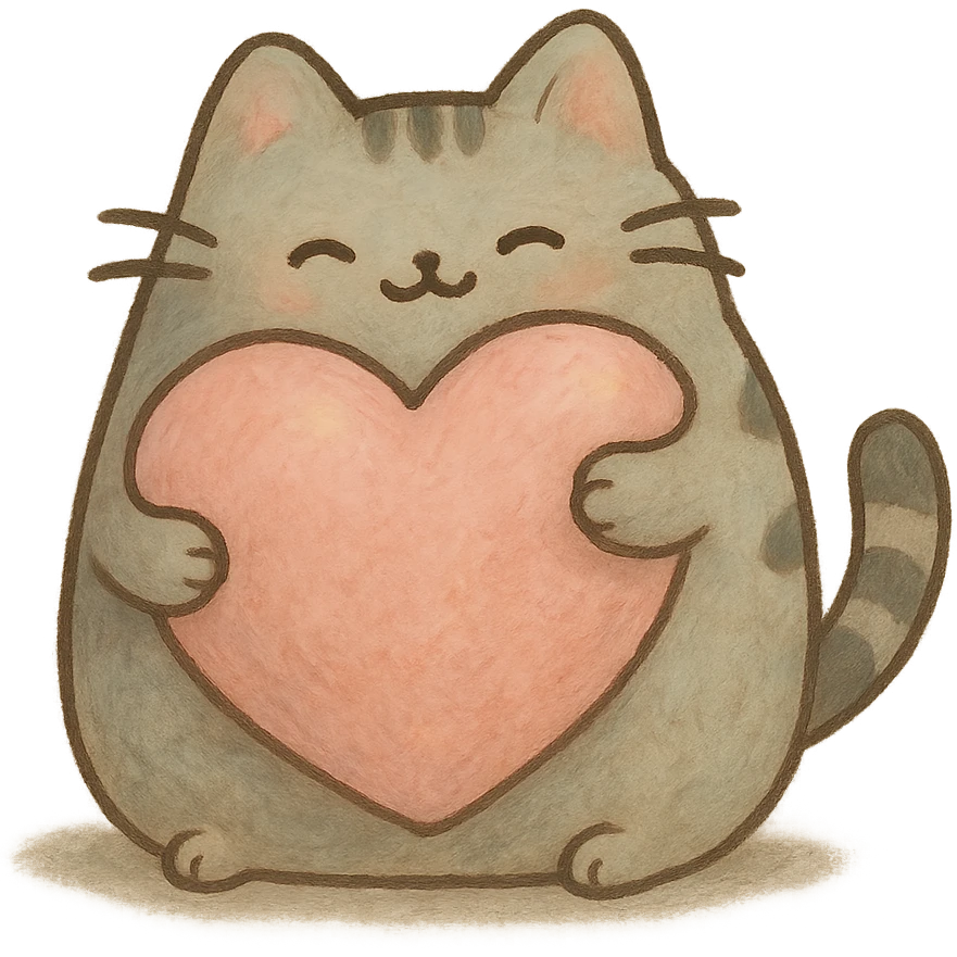 Pusheen hugging a big heart, pastel colors, adorable, ghibli style emoji