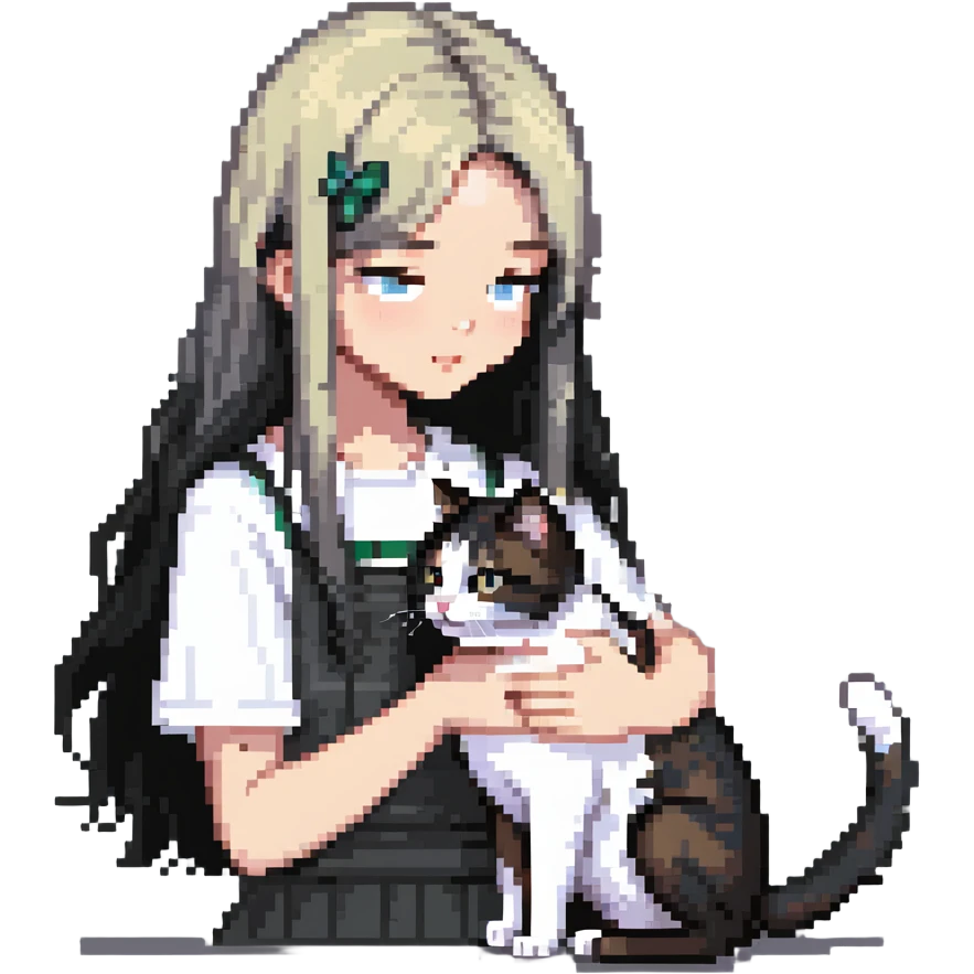 Beautiful girl with long black hair petting a gray and blonde mixed cat emoji