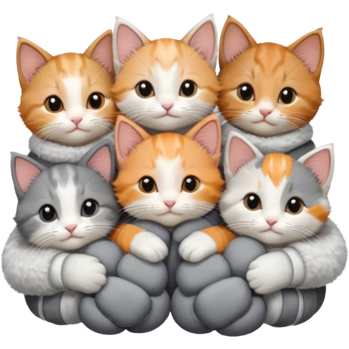 6 tiny kittens cuddling together all various different natural colours including solid grey with white mittens, grey and white, ginger and white, calico, and brown and white emoji