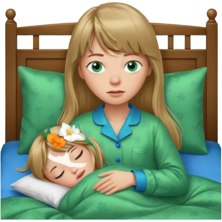 Woman with long dark blond hair and bang, blue eyes sleepy in bed  with green pyjama emoji