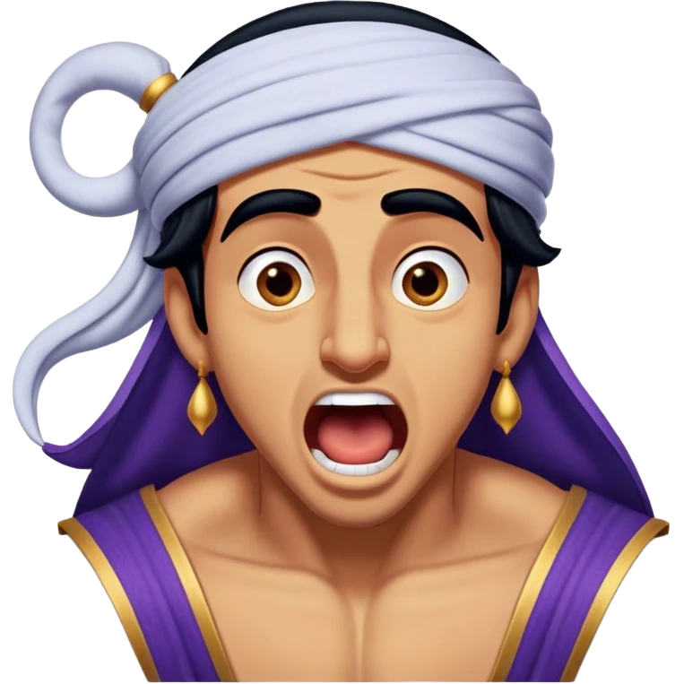 Cinematic Realistic Aladdin Portrait, head tilted slightly with a dramatic, wide-open yawn, revealing a relaxed, yet still vigilant expression. The lifelike textures of his skin and carefully rendered fabric of his attire combine with warm, ambient lighting to capture a moment of endearing, laid-back heroism. emoji